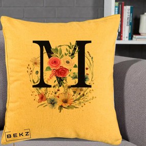 Cadou Personalizat - Perna Personalizata Monogram Litera M cu Flori Acuarela, 40x40 cm, Galben, Husa Detasabila, Perna Inclusa, BEKZ®