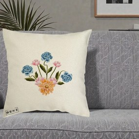 Perna Decorativa Buchet Primavara Acuarela, 40x40 cm, Ecru, Husa Detasabila, Perna Inclusa, BEKZ®