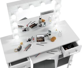 Masuta machiaj cu Oglinda LED si 2 Sertare pentru Cosmetice, Set Masa toaleta 120 cm, Alb, masuta cosmetica, vanity - SEA507