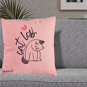 Perna Personalizata Cat Lover Pisica Ilustratie Linie, 40x40 cm, Roz, Husa Detasabila, Perna Inclusa, BEKZ®