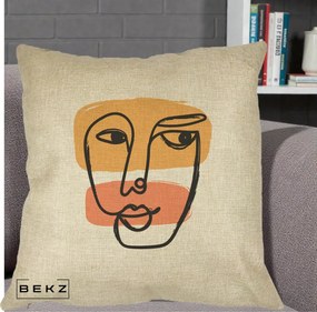 Perna Decorativa Portret Abstract Line Art Portocaliu, 40x40 cm, Crem, Husa Detasabila, Perna Inclusa, BEKZ®