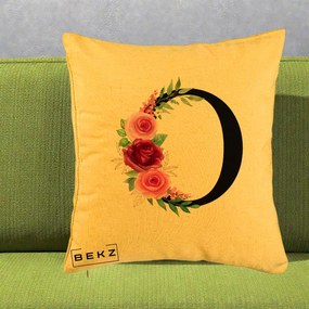 Cadou Personalizat - Perna Personalizata Monograma Florala Litera O, 40x40 cm, Galben, Husa Detasabila, Perna Inclusa, BEKZ®