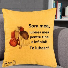 Cadou pentru Sora - Perna Personalizata Sora Mea Te Iubesc Doua Fete Iarna Acuarela, 40x40 cm, Galben, Husa Detasabila, Perna Inclusa, BEKZ®