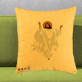 Perna Decorativa Iisus Hristos Invierea Silueta Minimalista, 40x40 cm, Galben, Husa Detasabila, Perna Inclusa, BEKZ®