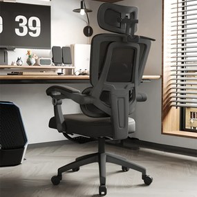 RESIGILAT- Scaun ergonomic cu suport lombar, tetieră reglabilă 3D, suport pentru picioare, Mesh, Negru