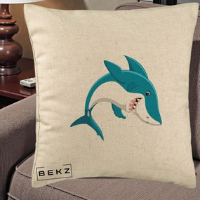 Perna Decorativa Rechin Albastru Cartoon, 40x40 cm, Bej, Husa Detasabila, Perna Inclusa, BEKZ®