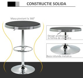 Masa Moderna de Bar HOMCOM, Multifunctionala, Metal si Imitatie de piele Neagra, Φ65x66-90cm | Aosom RO
