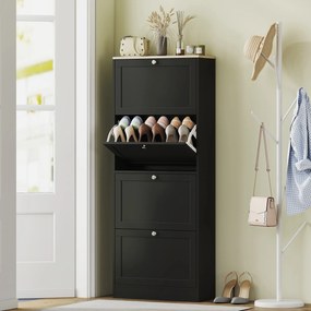 HOMCOM Pantofar Compact cu 4 Sertare și Rafturi Reglabile pe 2 Niveluri, 60 x 23,5 x 153,3 cm, Negru | Aosom Romania
