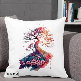 Perna Decorativa Copac Sakura Acuarela Fantasy, 40x40 cm, Alba Mata, Husa Detasabila, Perna Inclusa, BEKZ®