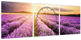 Tablou - Răsărit de soare în câmp de lavandă (cu ceas) (90x30 cm)
