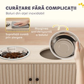 PawHut Suport pentru boluri pentru câini cu 2 boluri de 2L și dulap inferior, din lemn, 60x30x35,5 cm, stejar | Aosom Romania