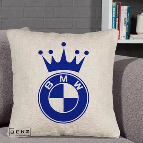 Perna Personalizata cu emblema BMW si Coroana, 40x40 cm, Bej Canapea, Husa Detasabila, Perna Inclusa, BEKZ®