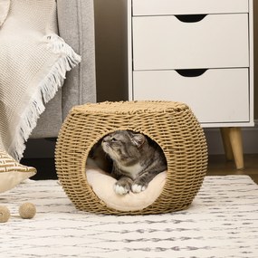 PawHut Niche coș casă pentru pisici 2 etaje din rășină împletită aspect răchită cu 1 pernă moale Ø 40 x 30 cm maro deschis | Aosom Romania