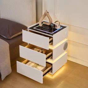 SÉLIA — Noptieră inteligentă cu încărcare Wireless, Bluetooth Stereo, iluminare RGB, USB + Type-C și senzor de mișcare, Alb