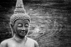 Tapet autoadeziv statuie Budha pe fundalul din lemn în alb-negru