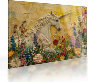 Tablou pe sticlă - Unicorn cu flori (70x50 cm)