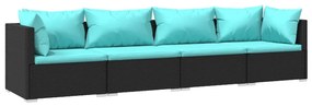 Set mobilier de gradina cu perne, 4 piese, negru, poliratan Negru si albastru, 2x colt + 2x mijloc, 1