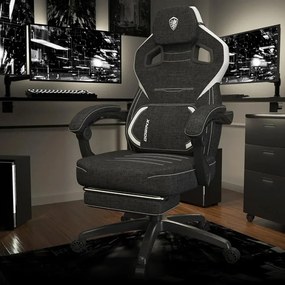 RESIGILAT- DOWINX Scaun gaming, ergonomic, suport lombar cu masaj, Șezut cu Arcuri Metalice și Spumă, Spătar înalt, rabatabil 90°-135°, Suport picioare, rezistent 150 kg, material textil respirabil, Negru