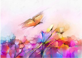 Tablou pe sticlă - Fluture asupra florilor, abstracție (70x50 cm)