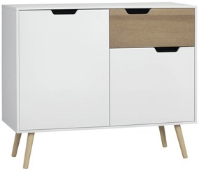 HOMCOM Bufet Mobilier de depozitare pe picior de tip scandinav cu dulapuri pentru Baie, sufragerie, Bucătărie, Picioare din lemn masiv de pin - Alb - dim. 98L x 39l x 81.5H cm | Aosom Romania