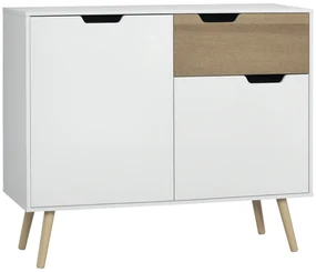 HOMCOM Bufet Mobilier de depozitare pe picior de tip scandinav cu dulapuri pentru Baie, sufragerie, Bucătărie, Picioare din lemn masiv de pin - Alb - dim. 98L x 39l x 81.5H cm | Aosom Romania