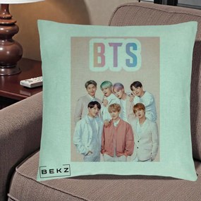Perna Personalizata K-pop BTS Foto Grup cu BTS si Fond Roz Pastel, 40x40 cm, Verde Menta, Husa Detasabila, Perna Inclusa, BEKZ®
