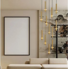 Lustra cu 12 Pendule tub subtire aluminiu auriu si alabastru LED NOEMI