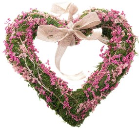Inimă suspendată din mușchi cu flori uscate, roz, 32 x 28 x 4 cm