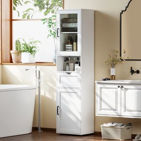 HOMCOM Mobilier de Baie Slim cu Dulapuri și Ușă din Sticlă, Mobilier Economizitor de Spațiu cu Raft Deschis, Sertar și Rafturi Ajustabile, Coloană Modernă, 40x30x165 cm, Alb | Aosom Romania