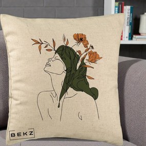 Perna Decorativa Portret Feminin Profil Flori Portocalii, 40x40 cm, Bej, Husa Detasabila, Perna Inclusa, BEKZ®