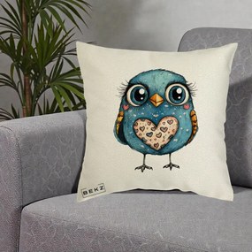 Perna Decorativa Bufnita Albastra cu Inimioare, 40x40 cm, Ecru, Husa Detasabila, Perna Inclusa, BEKZ®