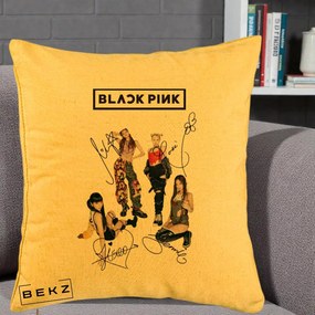Perna Personalizata K-pop BLACKPINK Fotografie Grup Autografe Toate Membre, 40x40 cm, Galben, Husa Detasabila, Perna Inclusa, BEKZ®