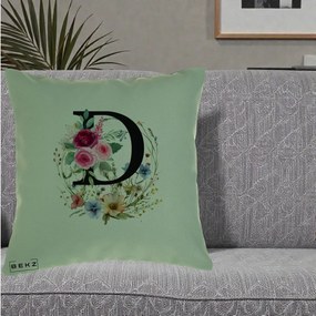 Cadou Personalizat - Perna Personalizata Monogram Litera D cu Flori Acuarela, 40x40 cm, Verde, Husa Detasabila, Perna Inclusa, BEKZ®