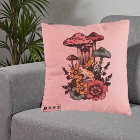 Perna Decorativa Ciuperci si Broaste Boho, 40x40 cm, Roz, Husa Detasabila, Perna Inclusa, BEKZ®