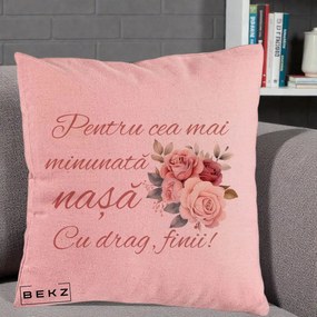 Cadou pentru Nasa - Perna Personalizata Pentru Cea mai Minunata Nasa Cu drag Finii, 40x40 cm, Roz, Husa Detasabila, Perna Inclusa, BEKZ®