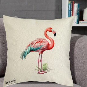 Perna Decorativa Flamingo Roz cu Pene Teal, 40x40 cm, Ecru, Husa Detasabila, Perna Inclusa, BEKZ®