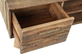 Comodă TV living din lemn reciclat, natur, cu 4 sertare, nișă deschisă cu raft și picioare oblice, 48 x 130 x 40 cm, „Rustin”