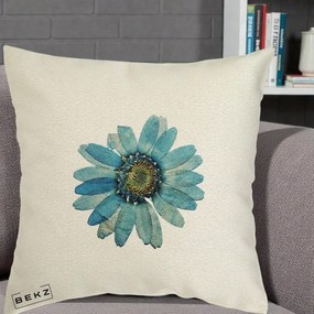 Perna Decorativa Floare Margareta Albastra Acuarela, 40x40 cm, Ecru, Husa Detasabila, Perna Inclusa, BEKZ®