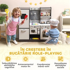 AIYAPLAY Bucătărie de Jucărie pentru Copii 3-8 Ani din Lemn cu Accesorii, Frigider, Chiuvetă și Buton cu Sunete, Maro | Aosom Romania