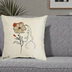 Perna Decorativa Portret Feminin Floare Bej Terracotta, 40x40 cm, Ecru, Husa Detasabila, Perna Inclusa, BEKZ®