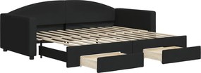 vidaXL Pat de zi cu extensie și sertare, negru, 90x200 cm, textil