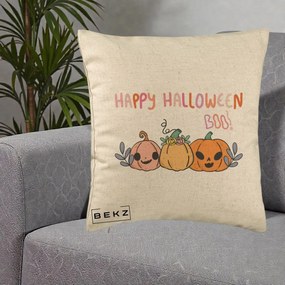 Perna Decorativa Happy Halloween Boo Trei Dovlecei Kawaii, 40x40 cm, Bej, Husa Detasabila, Perna Inclusa, BEKZ®