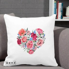 Perna Decorativa Inima din Bujori Acuarela, 40x40 cm, Alba Mata, Husa Detasabila, Perna Inclusa, BEKZ®
