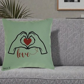 Perna Decorativa Love Maini Inima cu Inscriptie Love Rosu, 40x40 cm, Verde, Husa Detasabila, Perna Inclusa, BEKZ®