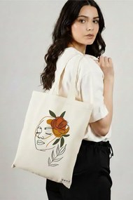 Sacosa de Panza pentru Cumparaturi, Geanta Tote, Flower Lady 7, 38x34.5 cm, Alba, BEKZ®
