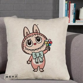 Perna Personalizata Labubu Roz cu Morisca, 40x40 cm, Bej Canapea, Husa Detasabila, Perna Inclusa, BEKZ®