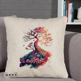 Perna Decorativa Copac Sakura Acuarela Fantasy, 40x40 cm, Bej Canapea, Husa Detasabila, Perna Inclusa, BEKZ®