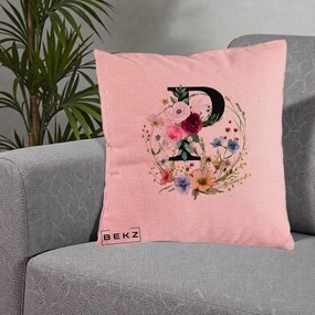 Cadou Personalizat - Perna Personalizata Monogram Litera P cu Flori Acuarela, 40x40 cm, Roz, Husa Detasabila, Perna Inclusa, BEKZ®