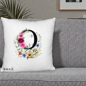 Cadou Personalizat - Perna Personalizata Monogram Litera O cu Flori Acuarela, 40x40 cm, Alb Pufos, Husa Detasabila, Perna Inclusa, BEKZ®