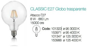 Bec LED E27 8W GLOBO D95 TRASPARENTE 4000K 153971